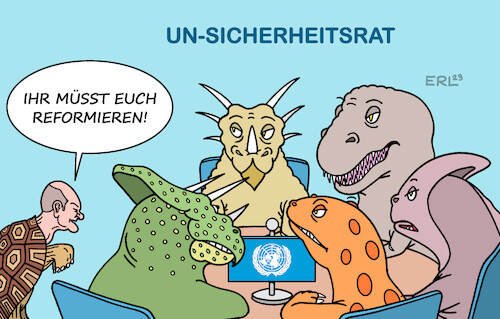 Cartoon: UN-Reformen (medium) by Erl tagged politik,rede,bundeskanzler,olaf,scholz,un,vereinte,nationen,sicherheitsrat,reformen,anpassung,veränderung,erde,welt,dinosaurier,schildkröte,karikatur,erl,politik,rede,bundeskanzler,olaf,scholz,un,vereinte,nationen,sicherheitsrat,reformen,anpassung,veränderung,erde,welt,dinosaurier,schildkröte,karikatur,erl