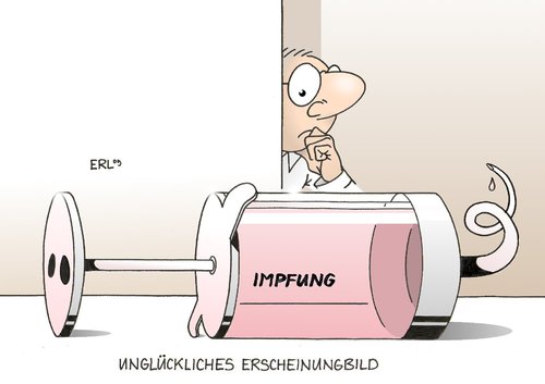 Cartoon: Unglückliches Erscheinungsbild (medium) by Erl tagged h1n1,schweinegrippe,impfung,kommunikation,image,verunsicherung,h1n1,schweinegrippe,impfung,kommunikation,image,verunsicherung,angst,furcht,impfen,virus,gesundheit