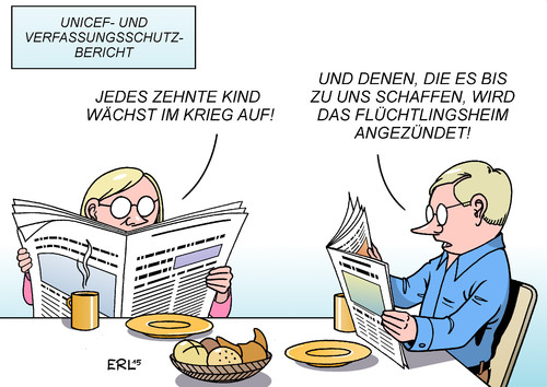 Cartoon: UNICEF und Verfassungsschutz (medium) by Erl tagged unicef,bericht,kinder,kind,krieg,gewalt,tod,missbrauch,verfassungsschutz,verfassungsschutzbericht,starftaten,rechtsextrem,flüchtlingsheim,brandanschlag,pegida,nachrichten,zeitung,frühstück,karikatur,erl,unicef,bericht,kinder,kind,krieg,gewalt,tod,missbrauch,verfassungsschutz,verfassungsschutzbericht,starftaten,rechtsextrem,flüchtlingsheim,brandanschlag,pegida,nachrichten,zeitung,frühstück