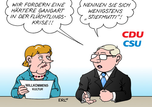 Cartoon: Unionsfraktion Merkel (medium) by Erl tagged flüchtlinge,europa,deutschland,willkommen,bundeskanzlerin,angela,merkel,kritik,kritiker,plan,chaos,überforderung,hart,härte,gangart,mutti,stiefmutte,farktion,unionsfraktion,karikatur,erl,flüchtlinge,europa,deutschland,willkommen,bundeskanzlerin,angela,merkel,kritik,kritiker,plan,chaos,überforderung,hart,härte,gangart,mutti,stiefmutte,farktion,unionsfraktion,karikatur,erl