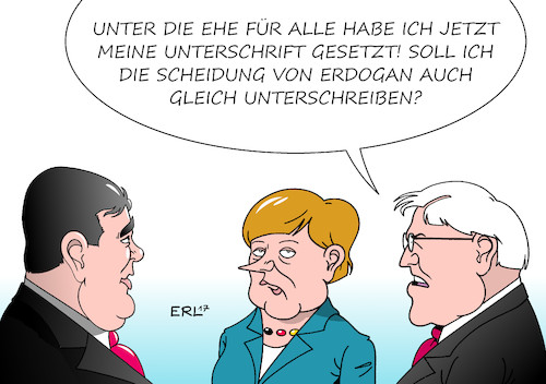 Cartoon: Unterschrift (medium) by Erl tagged bundespräsident,frank,walter,steinmeier,unterschrift,gesetz,ehe,für,alle,homosexualität,adoption,adoptionsrecht,bundesregierung,bundeskanzlerin,angela,merkel,cdu,vizekanzler,außenminister,sigmar,gabriel,streit,türkei,präsident,erdogan,präsidialsystem,diktatur,putsch,versuch,vehaftungen,deutsche,drohung,konsequenzen,scheidung,karikatur,erl,bundespräsident,frank,walter,steinmeier,unterschrift,gesetz,ehe,für,alle,homosexualität,adoption,adoptionsrecht,bundesregierung,bundeskanzlerin,angela,merkel,cdu,vizekanzler,außenminister,sigmar,gabriel,streit,türkei,präsident,erdogan,präsidialsystem,diktatur,putsch,versuch,vehaftungen,deutsche,drohung,konsequenzen,scheidung,karikatur,erl