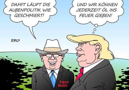 Cartoon: US-Außenminister (medium) by Erl tagged usa,wahl,präsident,donald,trump,kabinett,mannschaft,team,außenminister,rex,tillerson,ölmanager,öl,erdöl,manager,schmiermittel,außenpolitik,feuer,konflikte,anfachen,karikatur,erl,usa,wahl,präsident,donald,trump,kabinett,mannschaft,team,außenminister,rex,tillerson,ölmanager,öl,erdöl,manager,schmiermittel,außenpolitik,feuer,konflikte,anfachen,karikatur,erl