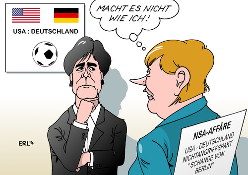 Cartoon: USA - Deutschland (medium) by Erl tagged fußball,weltmeisterschaft,wm,brasilien,2014,spiel,usa,deutschland,bundestrainer,joachim,jogi,löw,strategie,tipp,bundeskanzlerin,angela,merkel,nsa,affäre,überwachung,abhören,nichtangriffspakt,schande,berlin,gijon,1982,fußball,weltmeisterschaft,wm,brasilien,2014,spiel,usa,deutschland,bundestrainer,joachim,jogi,löw,strategie,tipp,bundeskanzlerin,angela,merkel,nsa,affäre,überwachung,abhören,nichtangriffspakt,schande,berlin,gijon,1982