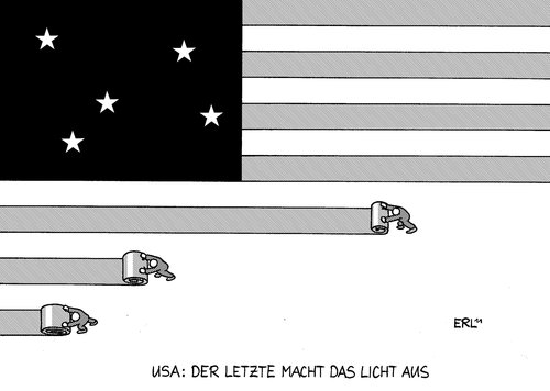 Cartoon: USA (medium) by Erl tagged usa,schulden,krise,pleite,demokraten,republikaner,streit,partei,taktik,finanzkrise,global,wirtschaft,wirtschaftskrise,schuldenkrise,schuldengrenze,präsident,obama,flagge,stars,stripes,stern,streifen,licht,aus,aufräumen