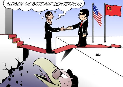 Cartoon: USA China (medium) by Erl tagged usa,china,schulden,wirtschaft,macht,vormacht,supermacht,abgrund,absturz,pleitegeier,teppich,rot,obama,hu,usa,china,schulden,wirtschaft,macht,vormacht,supermacht,abgrund,absturz,pleitegeier,teppich,barack obama,barack,obama