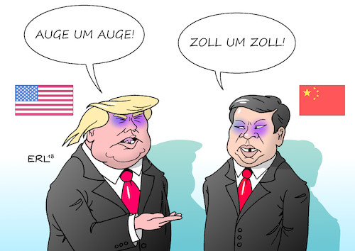 Cartoon: USA China (medium) by Erl tagged politik,usa,präsident,donald,trump,wirtschaft,wirtschaftspolitik,nationalismus,abschottung,strafzölle,zölle,zoll,zollschranke,handel,welthandel,freihandel,einschränkung,gefährdung,egoismus,america,first,handelskrieg,reaktion,china,vergeltung,rache,auge,zahn,geld,finanzen,karikatur,erl,politik,usa,präsident,donald,trump,wirtschaft,wirtschaftspolitik,nationalismus,abschottung,strafzölle,zölle,zoll,zollschranke,handel,welthandel,freihandel,einschränkung,gefährdung,egoismus,america,first,handelskrieg,reaktion,china,vergeltung,rache,auge,zahn,geld,finanzen,karikatur,erl