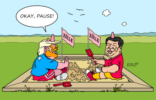 Cartoon: USA China (medium) by Erl tagged politik,handel,usa,trump,zölle,china,gegenzölle,pause,sandkasten,kindisch,karikatur,erl,politik,handel,usa,trump,zölle,china,gegenzölle,pause,sandkasten,kindisch,karikatur,erl