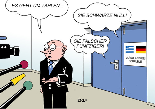 Cartoon: Varoufakis bei Schäuble (medium) by Erl tagged griechenland,varoufakis,finanzminister,schäuble,deutschland,besuch,krise,schulden,meinung,sparkurs,differenz,einigkeit,finanzen,zahlen,schwarze,null,falscher,fünfziger,karikatur,erl,griechenland,varoufakis,finanzminister,schäuble,deutschland,besuch,krise,schulden,meinung,sparkurs,differenz,einigkeit,finanzen,zahlen,schwarze,null,falscher,fünfziger