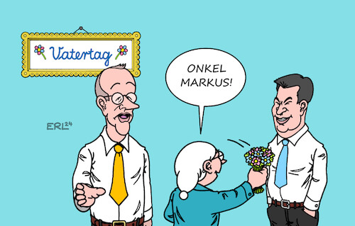 Cartoon: Vatertag (medium) by Erl tagged politik,union,cdu,csu,frage,kanzlerkandidat,beliebtheit,umfragen,markus,söder,friedrich,merz,vatertag,blumen,zuneigung,liebe,michel,karikatur,erl,politik,union,cdu,csu,frage,kanzlerkandidat,beliebtheit,umfragen,markus,söder,friedrich,merz,vatertag,blumen,zuneigung,liebe,michel,karikatur,erl