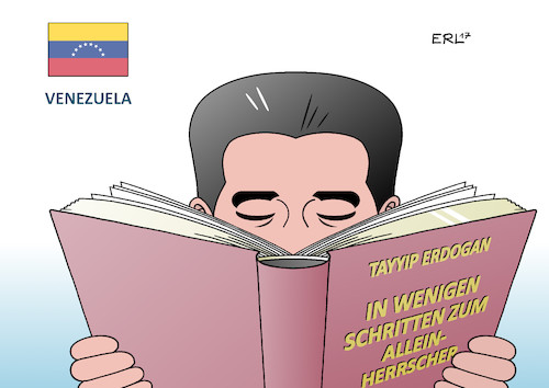 Cartoon: Venezuela (medium) by Erl tagged venezuela,präsident,maduro,staatskrise,inflation,versorgung,engpass,verfassung,änderung,abstimmung,weg,alleinherrschaft,türlei,recep,tayyip,erdogan,vorbild,anleitung,buch,karikatur,erl,venezuela,präsident,maduro,staatskrise,inflation,versorgung,engpass,verfassung,änderung,abstimmung,weg,alleinherrschaft,türlei,recep,tayyip,erdogan,vorbild,anleitung,buch,karikatur,erl