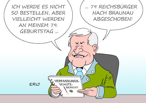 Cartoon: Verfassungsschutzbericht (medium) by Erl tagged politik,innenminister,horst,seehofer,csu,asylstreit,bundeskanzlerin,angela,merkel,cdu,scherz,69,afghanen,abschiebung,geburtstag,verfassungsschutzbericht,bedrohung,extremismus,islamismus,linksextremismus,rechtsextremismus,reichsbürger,nichtanerkennung,bundesrepublik,deutschland,drittes,reich,nationalsozialismus,braunau,karikatur,erl,politik,innenminister,horst,seehofer,csu,asylstreit,bundeskanzlerin,angela,merkel,cdu,scherz,69,afghanen,abschiebung,geburtstag,verfassungsschutzbericht,bedrohung,extremismus,islamismus,linksextremismus,rechtsextremismus,reichsbürger,nichtanerkennung,bundesrepublik,deutschland,drittes,reich,nationalsozialismus,braunau,karikatur,erl