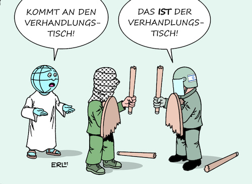 Cartoon: Verhandlungsbasis (medium) by Erl tagged politik,konflikt,nahost,naher,osten,nahostkonflikt,israel,palästina,israeli,palästinenser,jerusalem,vertreibung,raketenangriff,gegenschlag,gewalt,gegengewalt,rache,vergeltung,welt,weltgemeinschaft,appell,waffenruhe,waffenstillstand,verhandlungen,verhandlungstisch,karikatur,erl,politik,konflikt,nahost,naher,osten,nahostkonflikt,israel,palästina,israeli,palästinenser,jerusalem,vertreibung,raketenangriff,gegenschlag,gewalt,gegengewalt,rache,vergeltung,welt,weltgemeinschaft,appell,waffenruhe,waffenstillstand,verhandlungen,verhandlungstisch,karikatur,erl