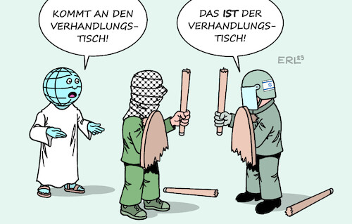 Cartoon: Verhandlungstisch (medium) by Erl tagged politik,terror,angriff,überfall,mord,geiselnahme,hamas,israel,vergeltung,nahost,diplomatie,verhandlungen,verhandlungstisch,karikatur,erl,politik,terror,angriff,überfall,mord,geiselnahme,hamas,israel,vergeltung,nahost,diplomatie,verhandlungen,verhandlungstisch,karikatur,erl