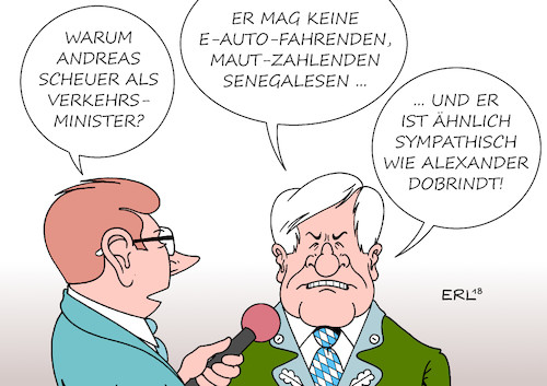 Cartoon: Verkehrsminister Scheuer (medium) by Erl tagged politik,bundestagwahl,wahl,bundestag,regierungsbildung,regierung,groko,große,koalition,union,spd,cdu,csu,minister,verkehrsminister,andreas,scheuer,zitat,fußballspielende,ministrierende,senegalesen,elektroauto,elektromobilität,pkw,maut,vorgänger,alexander,dobrindt,sympathie,innenminister,seehofer,karikatur,erl,politik,bundestagwahl,wahl,bundestag,regierungsbildung,regierung,groko,große,koalition,union,spd,cdu,csu,minister,verkehrsminister,andreas,scheuer,zitat,fußballspielende,ministrierende,senegalesen,elektroauto,elektromobilität,pkw,maut,vorgänger,alexander,dobrindt,sympathie,innenminister,seehofer,karikatur,erl