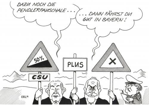 Cartoon: Verkehrszeichen (medium) by Erl tagged verkehrszeichen,bayern,csu,pendlerpauschale,merkel,verkehrszeichen,bayern,csu,cdu,pendlerpauschale,merkel,beckstein,huber,strafzettel,wahlthema,anstieg,landtagswahl