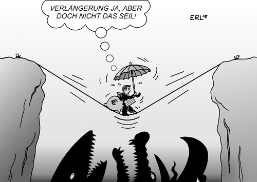 Cartoon: Verlängerung für Griechenland (medium) by Erl tagged griechenland,krise,schulden,euro,kredit,hilfe,verlängerung,bedingung,reformen,sparkurs,regierung,tsipras,varoufakis,wahlversprechen,reformliste,schäuble,eu,ezb,iwf,troika,geld,finanzen,pleite,grexit,pleitegeier,ungeheuer,schlucht,seil,seiltanz