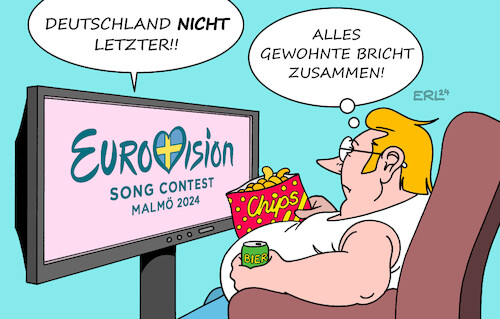 Cartoon: Verunsicherung (medium) by Erl tagged politik,kunst,musik,eurovision,song,contest,esc,schweden,malmö,2024,deutschland,platz,12,nicht,letzter,weltbild,wanken,abschied,tradition,zusammenbruch,gewohnheiten,fernsehen,bier,chips,karikatur,erl,politik,kunst,musik,eurovision,song,contest,esc,schweden,malmö,2024,deutschland,platz,12,nicht,letzter,weltbild,wanken,abschied,tradition,zusammenbruch,gewohnheiten,fernsehen,bier,chips,karikatur,erl