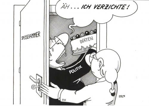 Cartoon: Verzicht (medium) by Erl tagged politik,diäten,diätenerhöhung,politik,diäten,diätenerhöhung,verzicht,betrug,ertappt,schwitzen,essen,kuchen,kirschen,michel,brille,speisekammer,verspeisen,tür,schlüssel