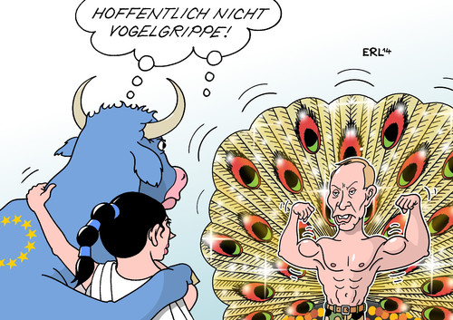 Cartoon: Vogelgrippe (medium) by Erl tagged vogelgrippe,vogel,pfau,rad,imponieren,imponiergehabe,ukraine,krise,eu,europa,stier,russland,putin,karikatur,erl,vogelgrippe,vogel,pfau,rad,imponieren,imponiergehabe,ukraine,krise,eu,europa,stier,russland,putin