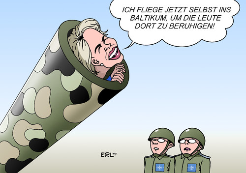 Cartoon: Von der Leyen (medium) by Erl tagged ursula,von,der,leyen,verteidigungsministerin,ukraine,konflikt,ostukraine,russland,separatisten,angst,osteuropa,baltikum,beruhigung,nato,bundeswehr,militär,karikatur,erl,ursula,von,der,leyen,verteidigungsministerin,ukraine,konflikt,ostukraine,russland,separatisten,angst,osteuropa,baltikum,beruhigung,nato,bundeswehr,militär