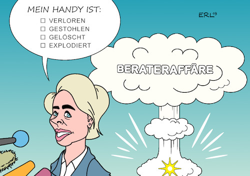 Cartoon: Von der Leyen Handy (medium) by Erl tagged politik,ursula,von,der,leyen,verteidigungsministerin,bundeswehr,berater,verträge,ausschreibung,affäre,handy,daten,gelöscht,verloren,karikatur,erl,politik,ursula,von,der,leyen,verteidigungsministerin,bundeswehr,berater,verträge,ausschreibung,affäre,handy,daten,gelöscht,verloren,karikatur,erl