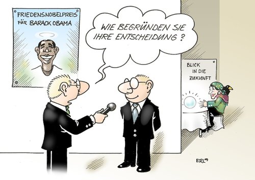 Cartoon: vorausschauend (medium) by Erl tagged barack,obama,nobelpreis,friedensnobelpreis,frieden,zukunft,barack obama,usa,präsident,friedensnobelpreis,preis,nobelpreis,auszeichnung,krieg,frieden,barack,obama