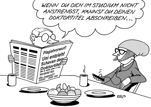 Cartoon: Vorbild (medium) by Erl tagged bundesbildungsministerin,bildungsministerin,annette,schavan,doktor,doktortitel,doktorarbeit,plagiat,uni,universität,düsseldorf,aberkennung,klage,rücktritt,doktorhut,vorbild,jugend,studium,abschreiben