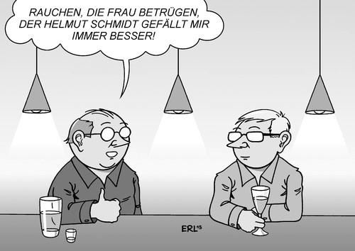 Cartoon: Vorbild (medium) by Erl tagged altkanzler,altbundeskanzler,helmut,schmidt,geständnis,geliebte,betrug,frau,ehefrau,kettenraucher,raucher,rauchen,vorbild,kneipe,theke