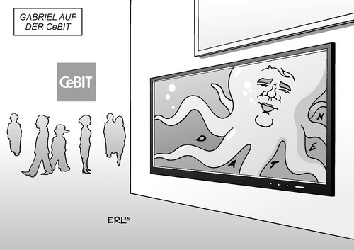 Cartoon: Vorratsdatenspeicherung (medium) by Erl tagged vorratsdatenspeicherung,kriminalität,verbrechen,bekämpfung,telefon,internet,kommunikation,daten,speicherung,befürwortung,sigmar,gabriel,spd,chef,vorsitz,datenkrake,messe,cebit,hannover,it,computer,digital