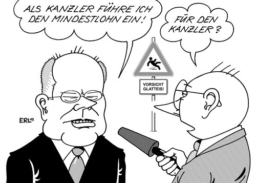 Cartoon: Vorsicht Glatteis! (medium) by Erl tagged spd,kanzlerkandidaz,peer,steinbrück,programm,mindestlohn,fangfrage,glatteis,vorsicht,journalist,vortrag,honorar,kanzlergehalt,geld,gier,medien