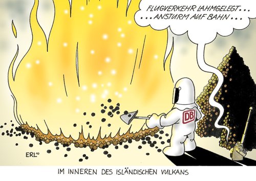 Cartoon: Vulkan (medium) by Erl tagged vulkan,ausbruch,island,flugverkehr,ausfall,bahn,ansturm