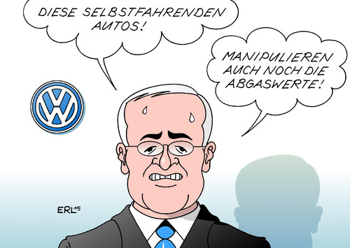 Cartoon: VW (medium) by Erl tagged vw,volkswagen,autobauer,auto,diesel,usa,abgaswerte,manipulation,martin,winterkorn,absatzmarkt,selbstfahrende,autos,karikatur,erl,vw,volkswagen,autobauer,auto,diesel,usa,abgaswerte,manipulation,martin,winterkorn,absatzmarkt,selbstfahrende,autos,karikatur,erl