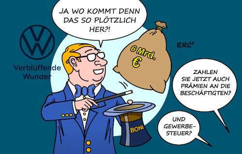 Cartoon: VW (medium) by Erl tagged politik,auto,vw,volkswagen,fund,sechs,milliarden,euro,boni,prämien,beschäftigte,gewerbesteuer,zauberer,karikatur,erl,politik,auto,vw,volkswagen,fund,sechs,milliarden,euro,boni,prämien,beschäftigte,gewerbesteuer,zauberer,karikatur,erl