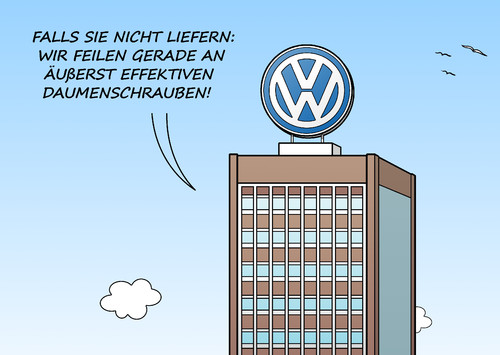 Cartoon: VW Zulieferer 2 (medium) by Erl tagged wirtschaft,vw,auto,autobauer,autokonzern,zulieferer,streit,bokott,stopp,lieferung,produktion,stillstand,band,juristisch,gericht,verfügung,beschlagnahme,teile,autoteile,daumenschrauben,technik,effektiv,wolfsburg,logo,volkswagen,paragraf,karikatur,erl,wirtschaft,vw,auto,autobauer,autokonzern,zulieferer,streit,bokott,stopp,lieferung,produktion,stillstand,band,juristisch,gericht,verfügung,beschlagnahme,teile,autoteile,daumenschrauben,technik,effektiv,wolfsburg,logo,volkswagen,paragraf,karikatur,erl