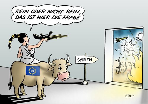 Cartoon: Waffen für Rebellen (medium) by Erl tagged syrien,bürgerkrieg,diktator,assad,rebellen,eu,unterstützung,waffen,verhandlung,embargo,verlängerung,europa,stier,gewehr,zitat,hamlet,shakespeare,syrien,bürgerkrieg,diktator,assad,rebellen,eu,unterstützung,waffen,verhandlung,embargo,verlängerung,europa,stier,gewehr,zitat,hamlet,shakespeare