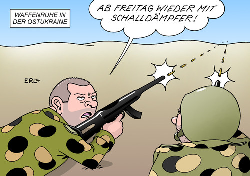 Cartoon: Waffenruhe (medium) by Erl tagged ukraine,ostukraine,konflikt,militär,separatisten,russland,vereinbarung,waffenruhe,schalldämpfer,waffe,karikatur,erl,ukraine,ostukraine,konflikt,militär,separatisten,russland,vereinbarung,waffenruhe,schalldämpfer,waffe