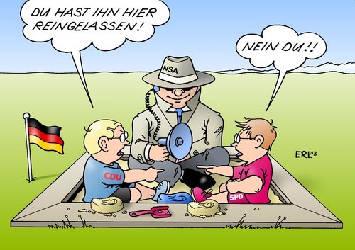 Cartoon: Wahlkampf NSA (medium) by Erl tagged ausspähskandal,usa,nsa,geheimdienst,überwachung,deutschland,bnd,zusammenarbeit,datenübertragung,datenschutz,recht,streit,wahlkampf,cdu,csu,fdp,spd,grüne,linke,ausspähskandal,usa,nsa,geheimdienst,überwachung,deutschland,bnd,zusammenarbeit,datenübertragung,datenschutz,recht,streit,wahlkampf,cdu,csu,fdp,spd,grüne,linke