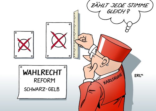 Cartoon: Wahlrecht (medium) by Erl tagged karlsruhe,bundesverfassungsgericht,reform,gelb,schwarz,wahlrecht,wahlrecht,schwarz,gelb,reform,bundesverfassungsgericht,karlsruhe