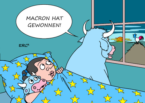 Cartoon: Wahlsieg Macron (medium) by Erl tagged politik,frankreich,wahl,präsidentschaft,wahlsieg,emmanuel,macron,stärkung,eu,zusammenhalt,marine,le,pen,spaltung,schwächung,nähe,putin,krieg,russland,ukraine,europa,stier,morgen,aufwachen,bett,karikatur,erl,politik,frankreich,wahl,präsidentschaft,wahlsieg,emmanuel,macron,stärkung,eu,zusammenhalt,marine,le,pen,spaltung,schwächung,nähe,putin,krieg,russland,ukraine,europa,stier,morgen,aufwachen,bett,karikatur,erl