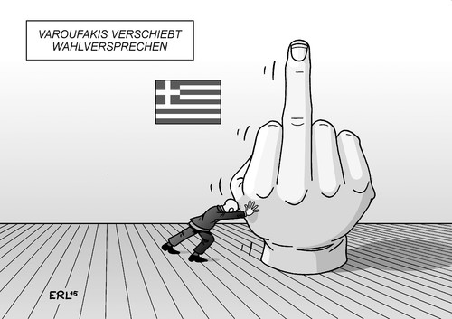 Cartoon: Wahlversprechen 1 (medium) by Erl tagged griechenland,krise,schulden,troika,eu,ezb,iwf,sparkurs,wahl,linke,syriza,wahlversprechen,konfrontation,fuckfinger,stinkefinger,tsipras,varoufakis,finanzminister,verschiebung,geldgeber,kredit,pleite