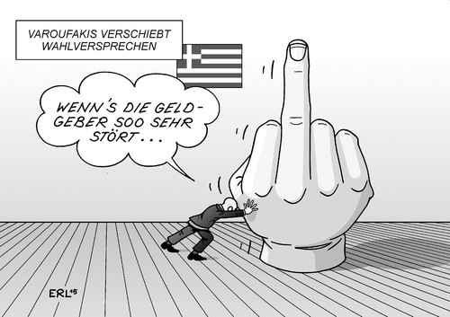 Cartoon: Wahlversprechen 2 (medium) by Erl tagged griechenland,krise,schulden,troika,eu,ezb,iwf,sparkurs,wahl,linke,syriza,wahlversprechen,konfrontation,fuckfinger,stinkefinger,tsipras,varoufakis,finanzminister,verschiebung,geldgeber,kredit,pleite