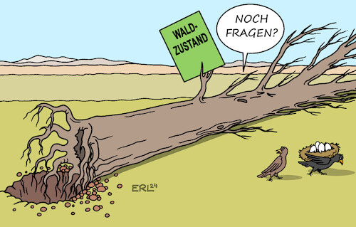 Cartoon: Wald (medium) by Erl tagged politik,umwelt,natur,wald,zustand,waldzustandserhebung,2023,waldsterben,ökosystem,baum,bäume,krank,klima,klimawandel,erderwärmung,hitze,dürre,trockenheit,lebensraum,vogel,vögel,nest,eier,karikatur,erl,politik,umwelt,natur,wald,zustand,waldzustandserhebung,2023,waldsterben,ökosystem,baum,bäume,krank,klima,klimawandel,erderwärmung,hitze,dürre,trockenheit,lebensraum,vogel,vögel,nest,eier,karikatur,erl