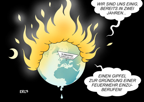 Cartoon: Warschau (medium) by Erl tagged klimagipfel,warschau,2013,klimakonferenz,klimawandel,erderwärmung,co2,ausstoß,begrenzung,verhandlung,vertagung,enttäuschung,erde,feuer,feuerwehr,klimagipfel,warschau,2013,klimakonferenz,klimawandel,erderwärmung,co2,ausstoß,begrenzung,verhandlung,vertagung,enttäuschung,erde,feuer,feuerwehr