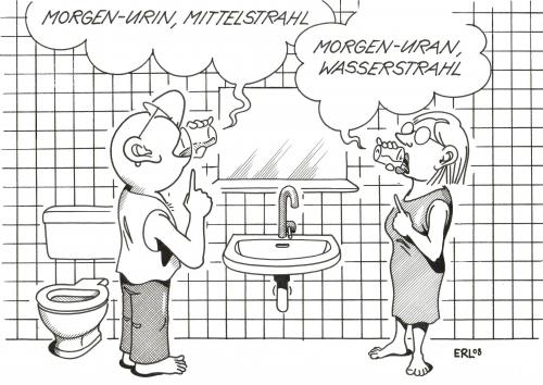 Cartoon: Wasser (medium) by Erl tagged wasser,uran,leitungswasser,trinkwasser,gesundheit,urin,morgenurin,morgen,mann,frau,mittelstrahl,wasserstrahl,strahl,strahlen,wasser,leitungswasser,wasserhahn,trinkwasser,uran,urangehalt,radioaktivität,gesundheit,urin,morgenurin,verstrahlung,mittelstrahl,wasserstrahl,strahlen,strahl,wasserwerte,reinheit,wasserbetrieb,wasserversorgung,uranwert,grenzwert,gehalt,toleranzgrenze,schwermetall,chemie,gift,schädlich,weltgesundheitsorganisation,who,grenzüberschreitung,baby,mineralwasser,enteisung