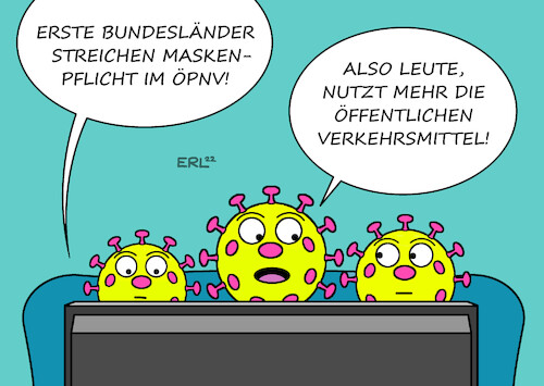 Cartoon: Wegfall Maskenpflicht (medium) by Erl tagged politik,corona,virus,pandemie,covid19,wegfall,maskenpflicht,öpnv,öffentlicher,verkehr,bus,bahn,bayern,sachsen,anhalt,karikatur,erl,politik,corona,virus,pandemie,covid19,wegfall,maskenpflicht,öpnv,öffentlicher,verkehr,bus,bahn,bayern,sachsen,anhalt,karikatur,erl