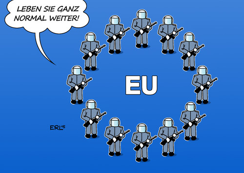 Cartoon: Weiterleben (medium) by Erl tagged frankreich,paris,terror,anschläge,is,islamismus,angst,schrecken,eu,antiterroreinstz,polizei,militär,normalität,alltag,leben,flagge,karikatur,erl,frankreich,paris,terror,anschläge,is,islamismus,angst,schrecken,eu,antiterroreinstz,polizei,militär,normalität,alltag,leben,flagge,karikatur,erl