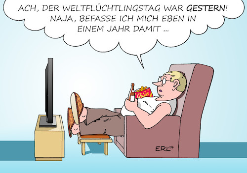 Cartoon: Weltflüchtlingstag (medium) by Erl tagged weltflüchtlingstag,flüchtlinge,geflüchtete,flucht,vertreibung,bürgerkrieg,krieg,hunger,armut,welt,erde,tag,heute,gestern,gleichgültigkeit,ignoranz,abschottung,abwehr,rechtspopulismus,nachrichten,fernsehen,bier,chips,karikatur,erl,weltflüchtlingstag,flüchtlinge,geflüchtete,flucht,vertreibung,bürgerkrieg,krieg,hunger,armut,welt,erde,tag,heute,gestern,gleichgültigkeit,ignoranz,abschottung,abwehr,rechtspopulismus,nachrichten,fernsehen,bier,chips,karikatur,erl