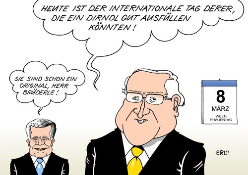 Cartoon: Weltfrauentag (medium) by Erl tagged weltfrauentag,international,tag,frau,frauen,gleichberechtigung,rechte,unterdrückung,gewalt,sexismus,brüderle,gauck,dirndl,weltfrauentag