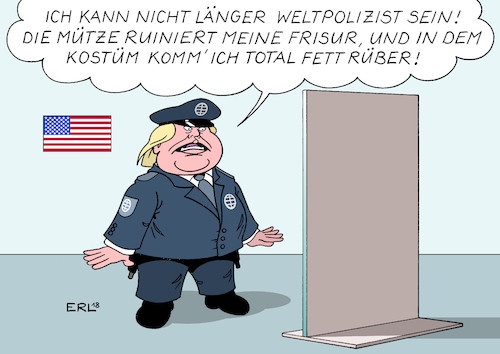 Cartoon: Weltpolizist (medium) by Erl tagged politik,usa,präsident,donald,trump,truppenabzug,syrien,afghanistan,rückzug,rolle,weltpolizist,machtvakuum,außenpolitik,innenpolitik,wähler,wählerstimmen,umfragewerte,polizei,uniform,mode,figur,narzissmus,karikatur,erl,politik,usa,präsident,donald,trump,truppenabzug,syrien,afghanistan,rückzug,rolle,weltpolizist,machtvakuum,außenpolitik,innenpolitik,wähler,wählerstimmen,umfragewerte,polizei,uniform,mode,figur,narzissmus,karikatur,erl