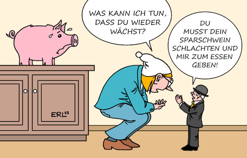 Cartoon: Weltspartag und Wirtschaft (medium) by Erl tagged politik,finanzen,wirtschaft,schrumpfen,wachstum,konsum,einkaufen,sparschwein,schlachten,weltspartag,sparen,michel,karikatur,erl,politik,finanzen,wirtschaft,schrumpfen,wachstum,konsum,einkaufen,sparschwein,schlachten,weltspartag,sparen,michel,karikatur,erl